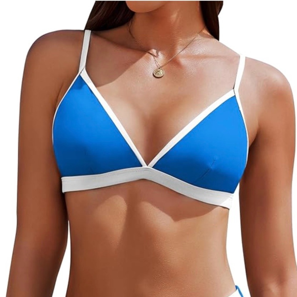 Aimage Blue Triangle Bikini Top with White Trim Size Small